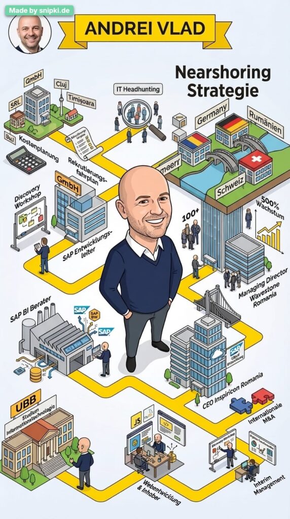 Visualisierung der 20-jährigen Karriere im IT Nearshoring: Von Deutschland über Rumänien mit Stationen als SAP-Berater, CEO Inspiricon, Managing Director Wavestone bis TISS Partners