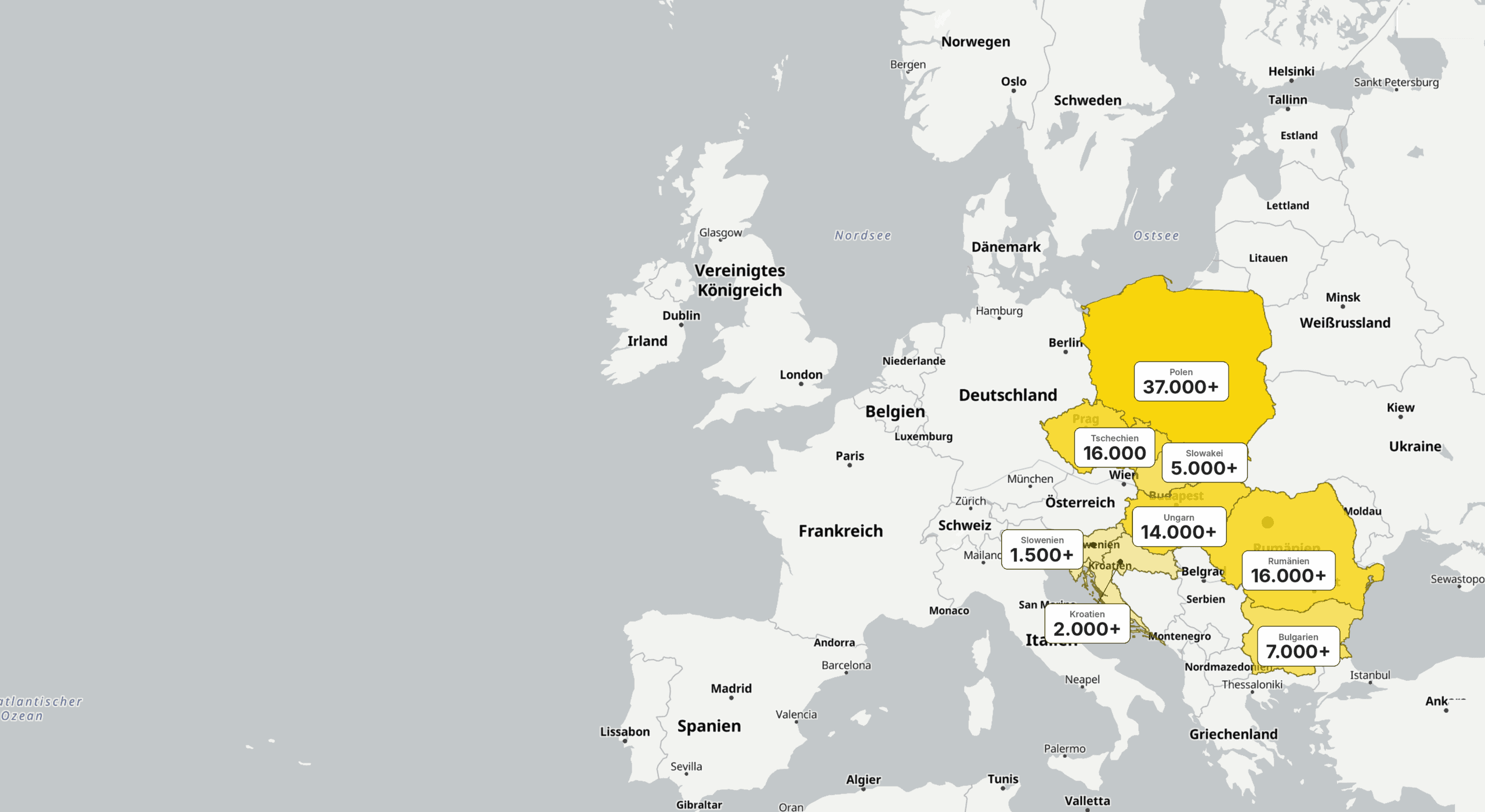 SAP Nearshoring Osteuropa: Heatmap der SAP-Profile auf LinkedIn je Land, Polen 37.000+, Rumänien 16.000+, Tschechien 16.000, Ungarn 14.000+, Bulgarien 7.000+, Slowakei 5.000+, Kroatien 2.000+, Slowenien 1.500+ (Sales Navigator, Oktober 2026)